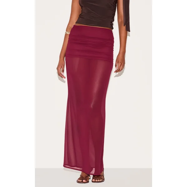 Wine Chiffon Fold Over Ruched Maxi Skirt