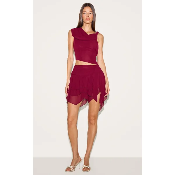 Wine Chiffon Frill Detail Mini Skirt