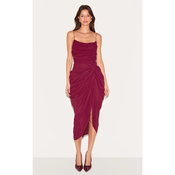 Wine Chiffon Ruched Drape Midi Dress