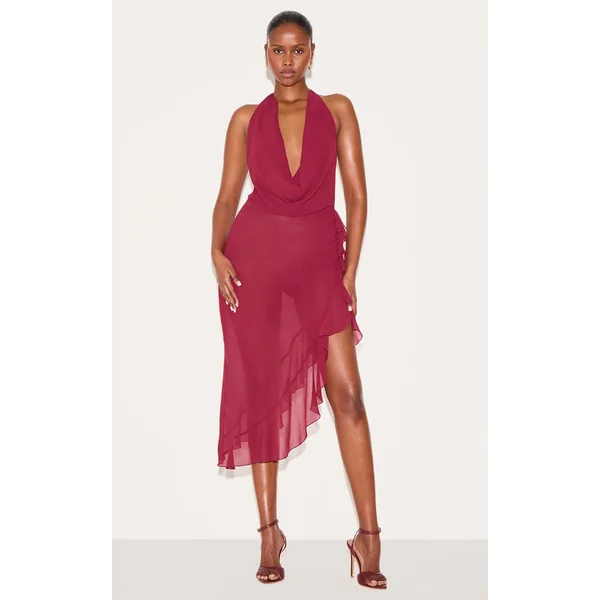 Wine Cowl Ruffle Split Detail Midi Dress