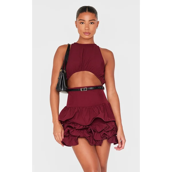 Wine Cut Out Belted Frill Hem Shift Dress