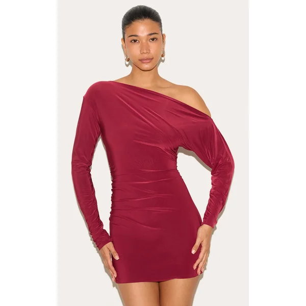 Wine Double Layer Slinky Asymmetric Off The Shoulder Mini Dress