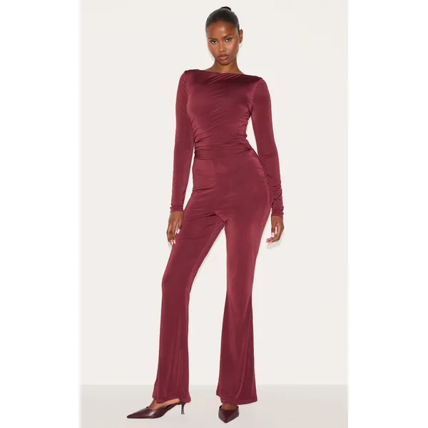 Wine Double Layer Slinky Gathered Long Sleeve Wide Leg Jumpsuit