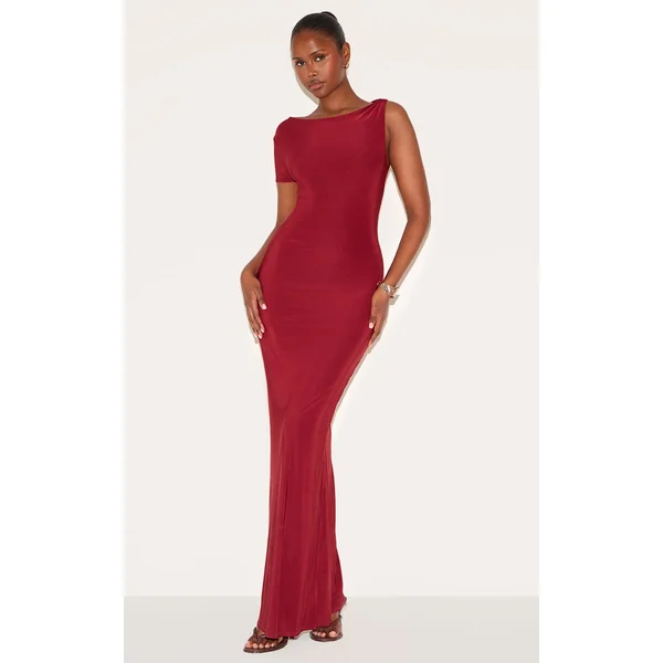 Wine Double Layer Slinky Knot Shoulder Cap Sleeve Maxi Dress