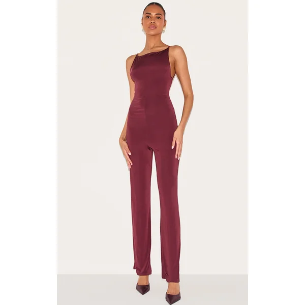 Wine Double Layer Slinky Low Back Strappy Wide Leg Jumpsuit