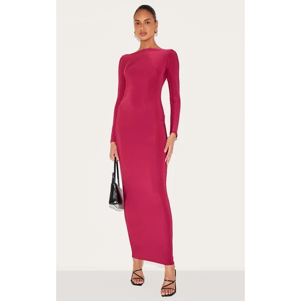 Wine Double Layer Slinky Maxi Dress