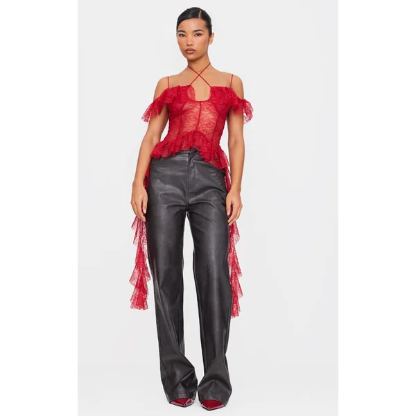 Wine Lace Ruffle Halterneck Long Top