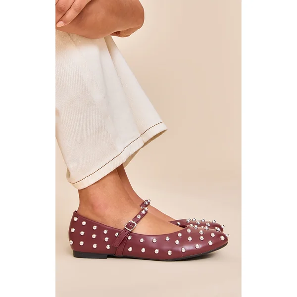 Wine Leather Ballet Pump With Stud Detail