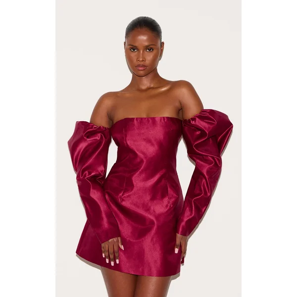 Wine Oversized Puff Sleeve A Line Shift Dress