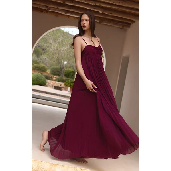 Wine Plisse Maxi Dress