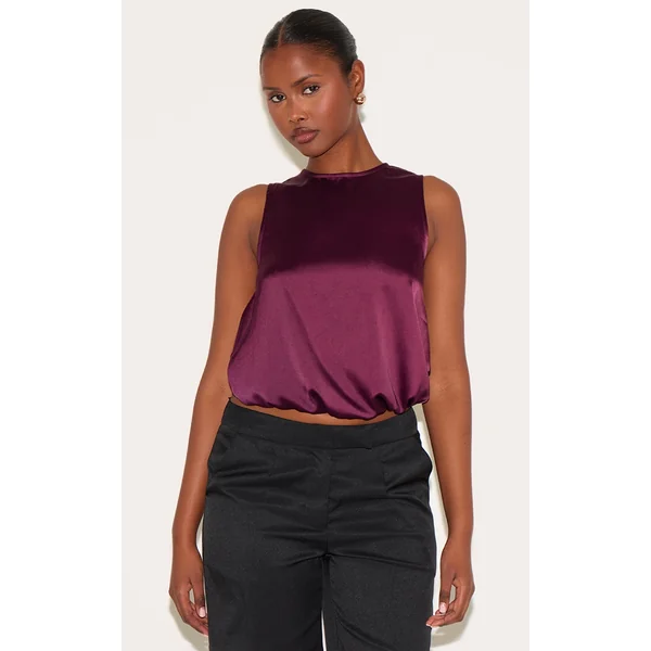 Wine Satin Bubble Hem Top