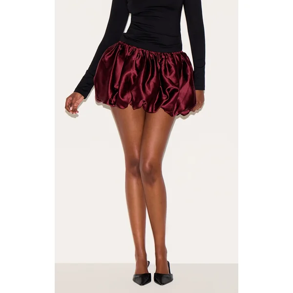 Wine Satin Elasticated Waistband Mini Puffball Skirt