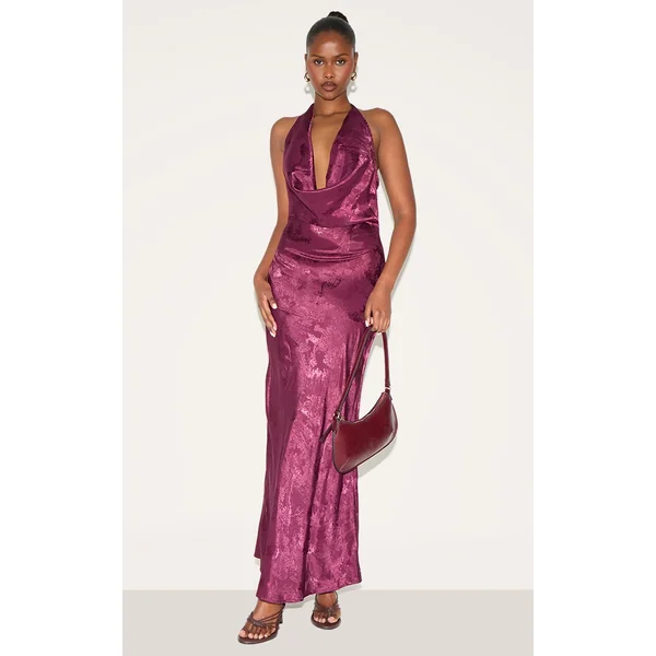 Wine Satin Extreme Cowl Neck Maxi Dress