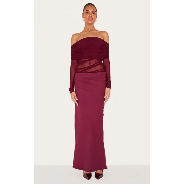 Wine Satin Mesh Detail Bardot Maxi Dress