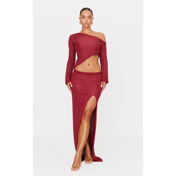 Wine Sequin Knit Side Split Maxi Skirt