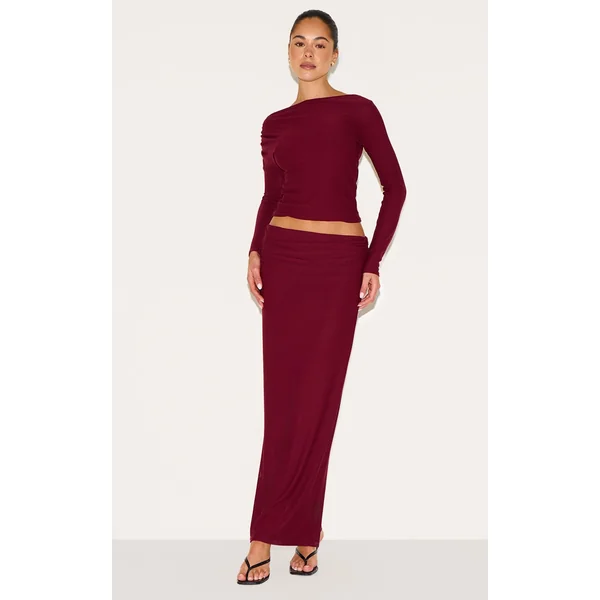 Wine Soft Touch Fold Over Maxi Skirt