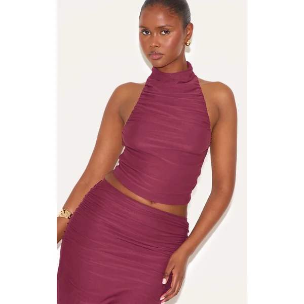 Wine Soft Touch Ruched Halter Crop Top