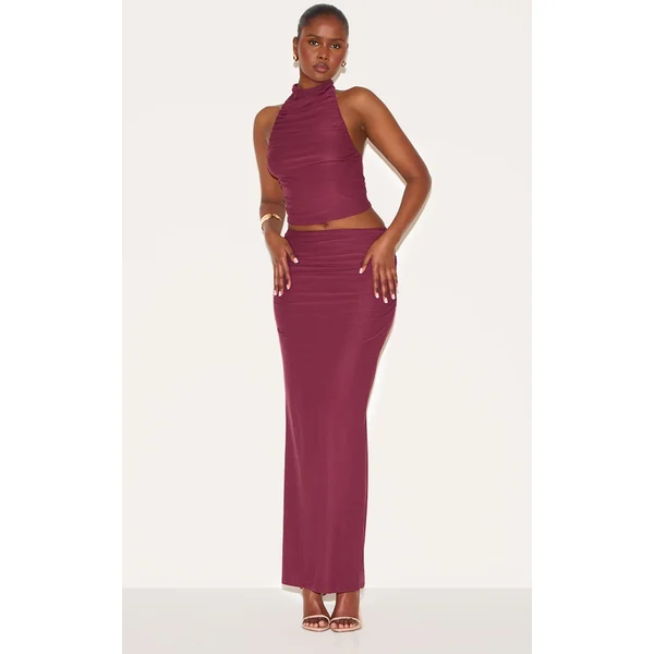 Wine Soft Touch Ruched Maxi Skirt