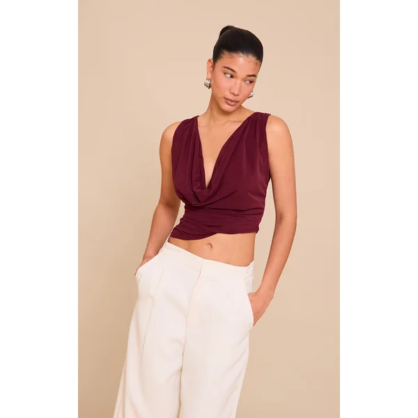 Wine Stretch Chiffon Cowl Neck Long Top