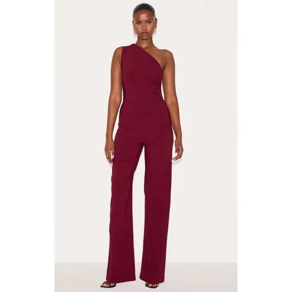 Wine Stretch Woven One Shoulder Ruched Flared Jumpsuit