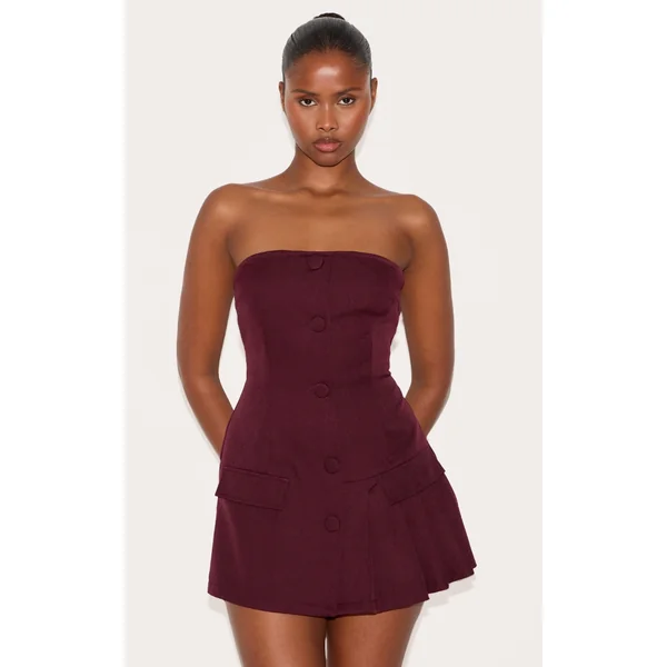 Wine Tailored Pleat Detail Bandeau Romper