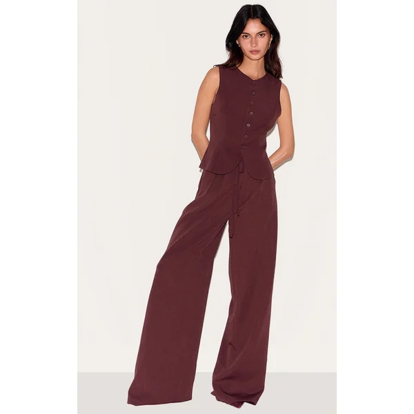 Wine Tailored Tie Detail Woven Wide Leg Pants