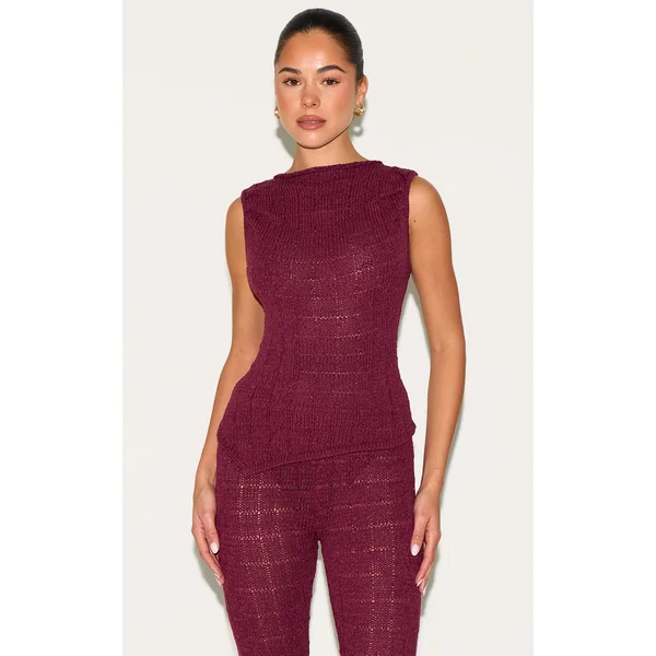 Wine Textured Filigree Knit Boat Neck Asymmetric Hem Vest Top