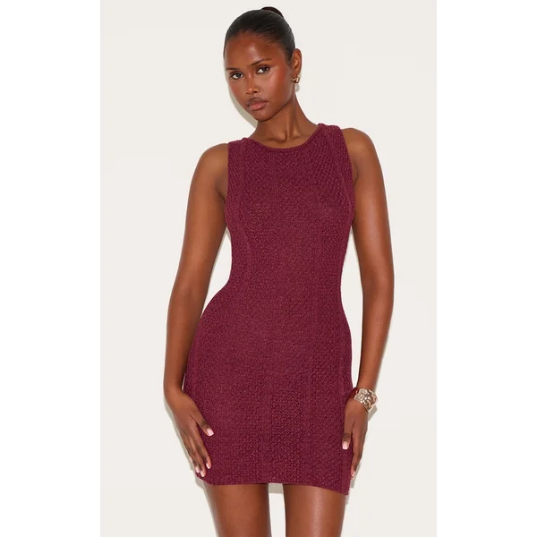 Wine Textured Filigree Knit Boat Neck Mini Dress