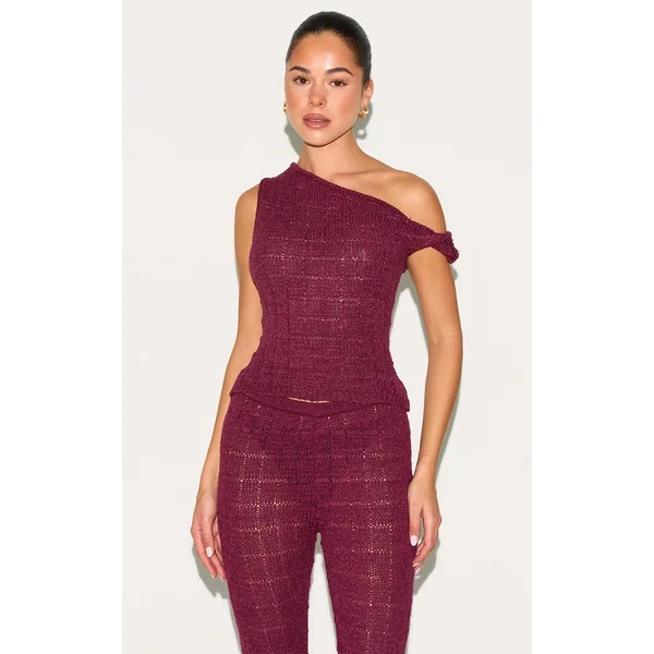 Wine Textured Filigree Knit Twist Neck Vest Top