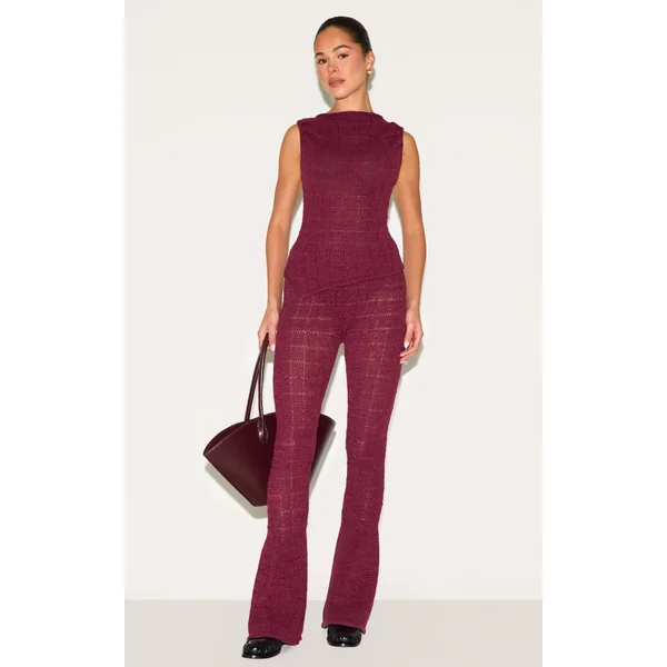 Wine Textured Filigree Knit Wide Leg Pants