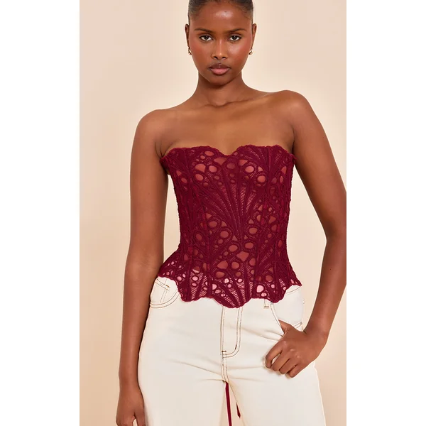 Wine Textured Sheer Floral Lace Corset