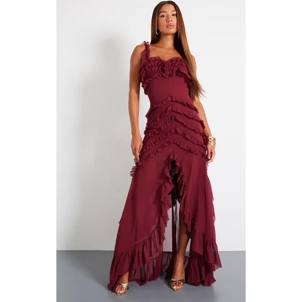 Wine Tiered Frill Detail Maxi Dress