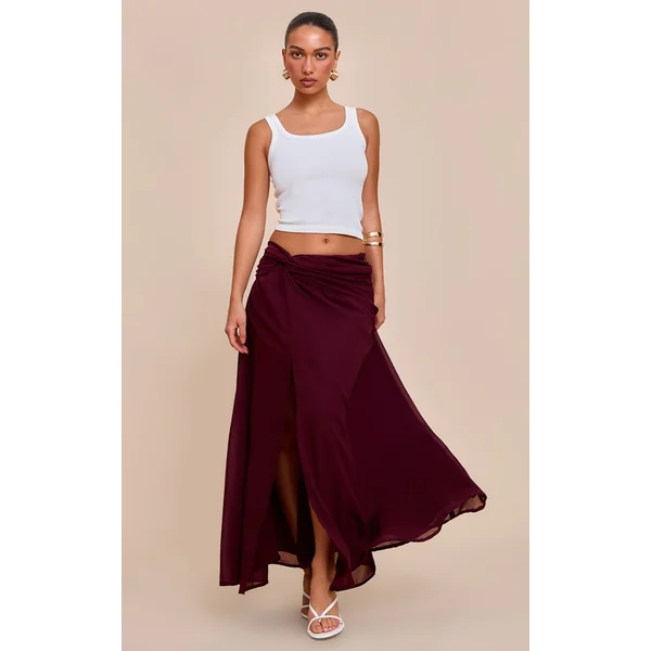 Wine Twist Front Thigh Split Maxi Skirt