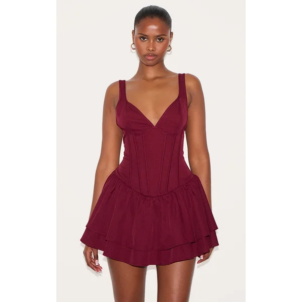Wine Woven Corset Detail Skater Skort Romper