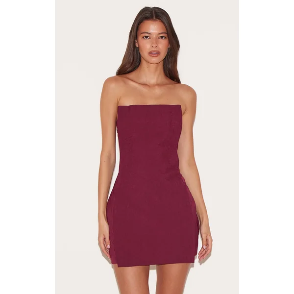 Wine Woven Panel Detail Bandeau Mini Dress