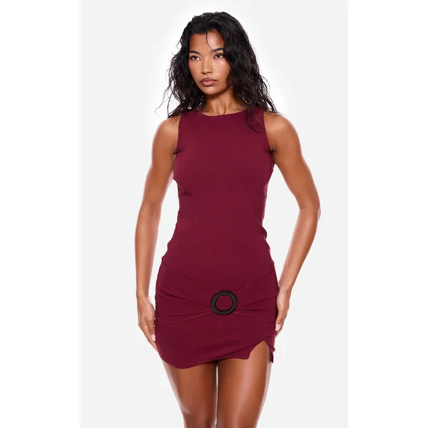 Wine Wrap Belt Detail Sleeveless Bodycon Dress