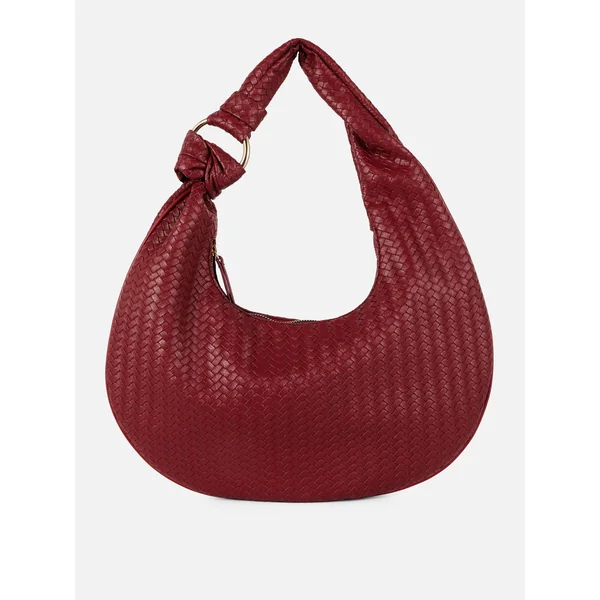 Woven Faux Leather Shoulder Bag - Burgundy