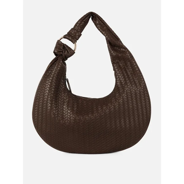 Woven Faux Leather Shoulder Bag - Chocolate