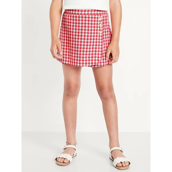 Wrap-Front Linen-Blend Skort for Girls - Red Gingham