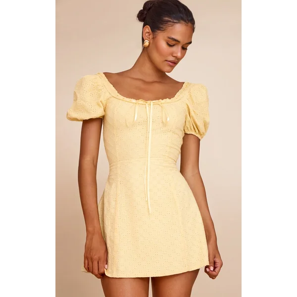 Yellow Broderie Puff Sleeve A-line Mini Dress