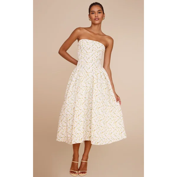 Yellow Ditsy Printed Bandeau Skater Midaxi Dress