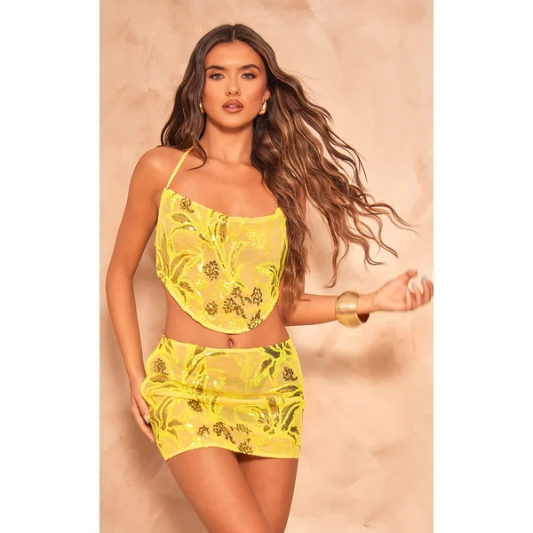 Yellow Floral Sequin Strappy Crop Top