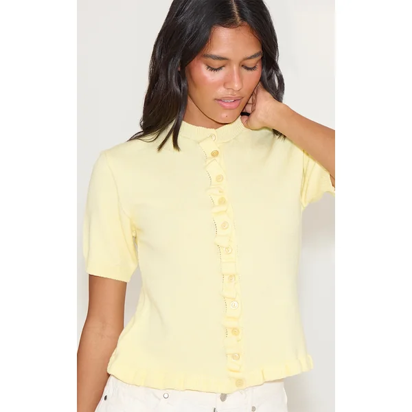 Yellow Knit Ruffle Detail Short Sleeve Cardigan