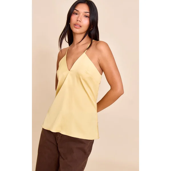 Yellow Matte Satin Strappy Detail Long Cami Top