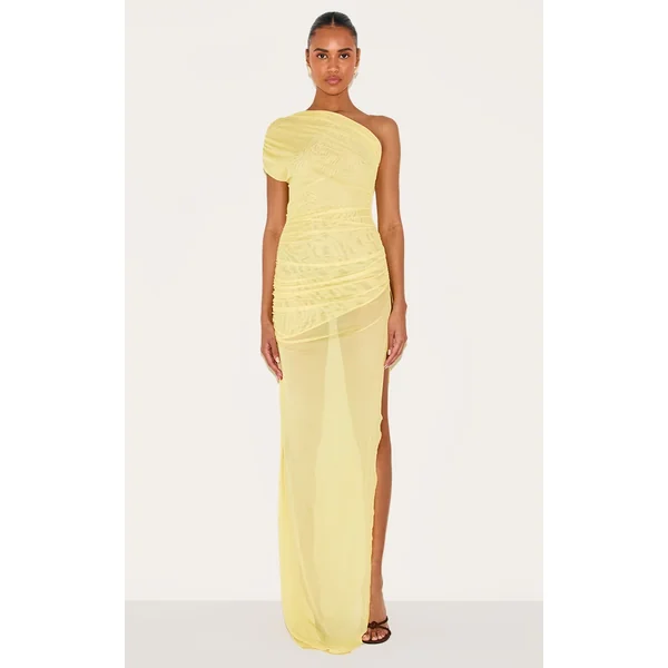 Yellow Mesh Ruched One Shoulder Thigh Split Maxi Dress
