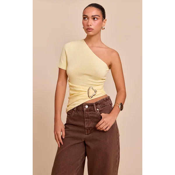 Yellow One Shoulder Asymmetric Trim Detail Knit Top