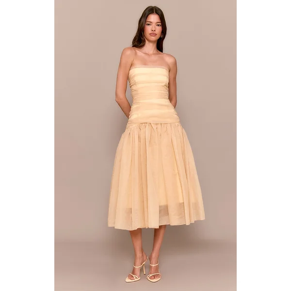 Yellow Organza Ruched Bodice Midi Dress