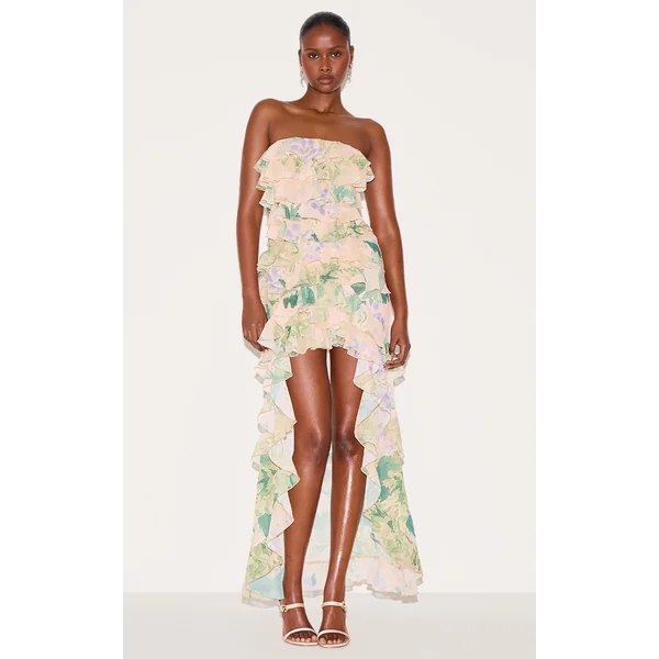 Yellow Printed Ruffled Bandeau Maxi Dress