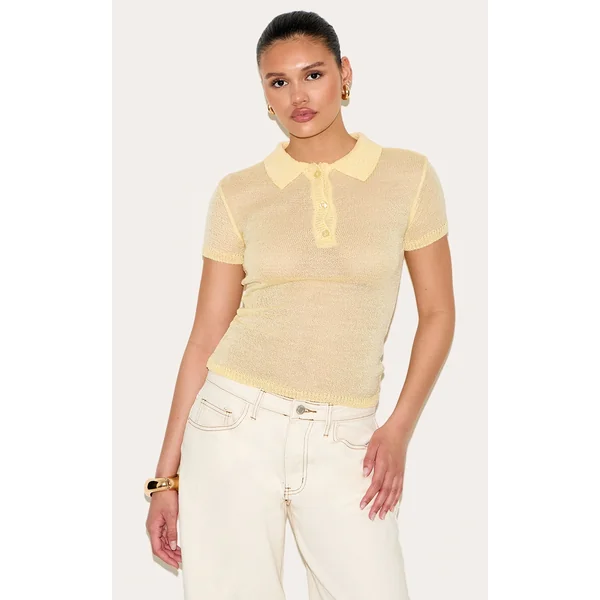Yellow Sheer Knit Polo Top