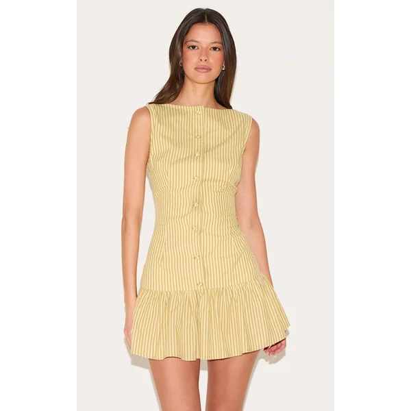 Yellow Striped Button Detail Flippy Hem Bodycon Dress